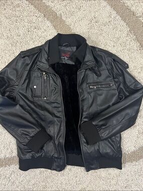 Yoki Black Faux Leather Bomber Jacket with Faux Fur Interior